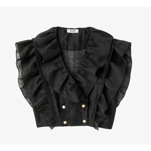 Sandro Black Folie Ruffled Linen Blend Top Size 4 - Picture 1 of 13